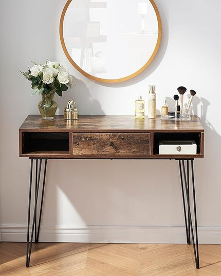 VECELO 39.3" Home Office Work Table with Drawers Computer Desk Writing/Study, 39 Inch Hairpin Legs, Rustic Brown - LeafyLoom