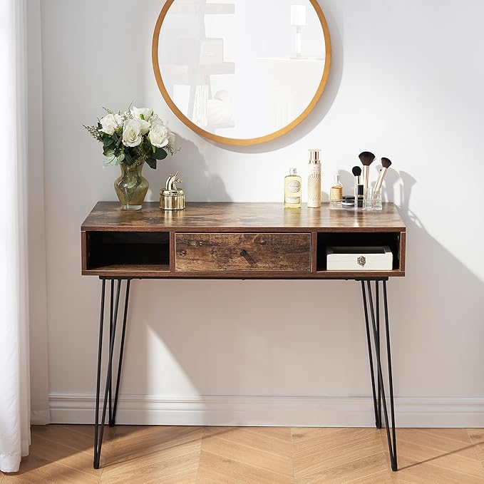 VECELO 39.3" Home Office Work Table with Drawers Computer Desk Writing/Study, 39 Inch Hairpin Legs, Rustic Brown - LeafyLoom