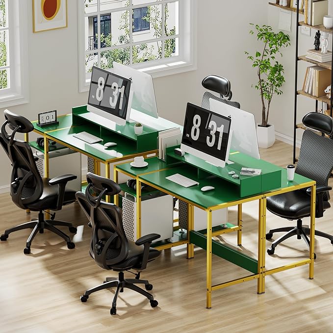 Gaming Computer Desk with Storage,Monitor Stand 47” Small, Writing Desk for 2 Monitors, Adjustable Storage Space, Modern Design Corner Table for Home Office, Green. - LeafyLoom