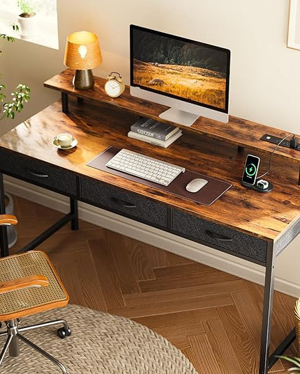 55 inch Computer Desk with 3 Drawers, Office Desk Gaming Desk with LED Lights & Power Outlets, Home Office Desks with Storage Space for Bedroom, Work from Home, Rustic Brown - LeafyLoom