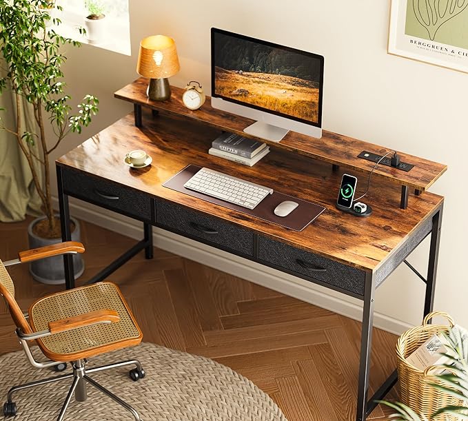 55 inch Computer Desk with 3 Drawers, Office Desk Gaming Desk with LED Lights & Power Outlets, Home Office Desks with Storage Space for Bedroom, Work from Home, Rustic Brown - LeafyLoom