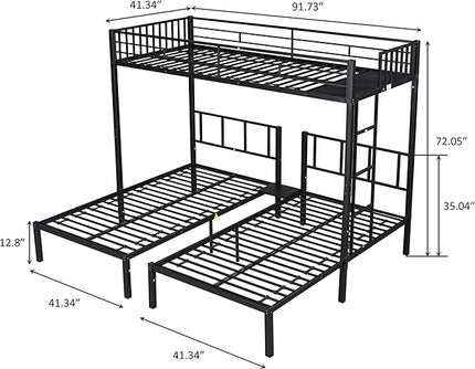 Metal Triple Twin Bunk Bed,Can Be Separated into 3 Twin Beds,Sturdy-Metal,Noise Reduced,Bunk-Bed for Three,Safety Guardrail,CPC Certified,No Box Spring Needed,Black - LeafyLoom