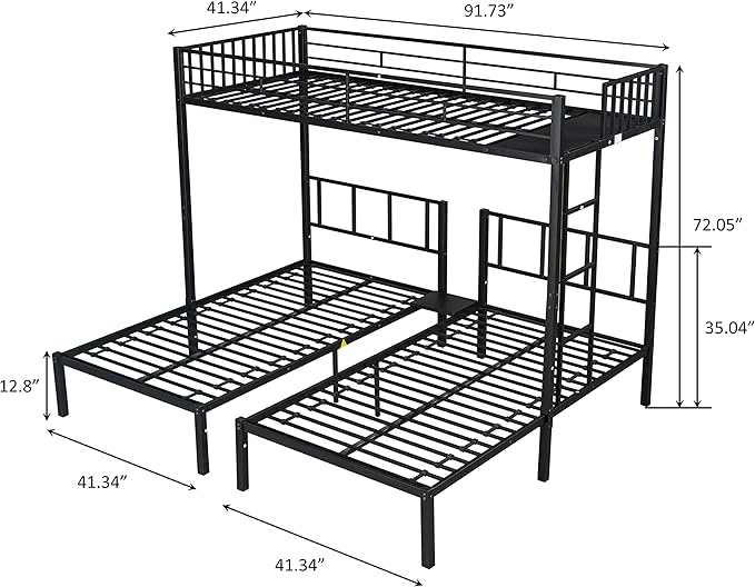 Metal Triple Twin Bunk Bed,Can Be Separated into 3 Twin Beds,Sturdy-Metal,Noise Reduced,Bunk-Bed for Three,Safety Guardrail,CPC Certified,No Box Spring Needed,Black - LeafyLoom