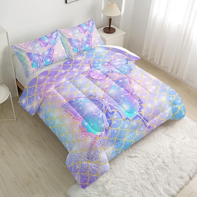 CVHOUSE Butterfly Comforter Set Full Size,Rainbow Mermaid Butterfliy Bedding Set for Kids Girls,Rainbow Mermaid Butterflies Quilt Set Butterfly Duvet Set Girl's Bedroom Decor 3 Pieces - LeafyLoom