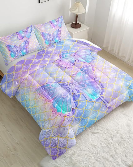 CVHOUSE Butterfly Comforter Set Twin Size,Rainbow Mermaid Butterfliy Bedding Set for Kids Girls,Rainbow Mermaid Butterflies Quilt Set Butterfly Duvet Set Girl's Bedroom Decor 3 Pieces - LeafyLoom