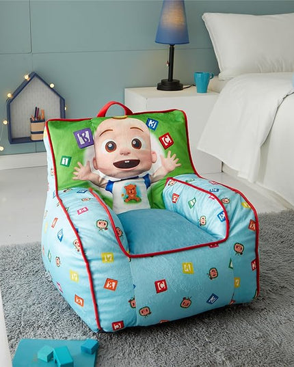 Idea Nuova Cocomelon Kids Mink Plush Bean Bag Chair with Piping & Top Carry Handle , Large - LeafyLoom