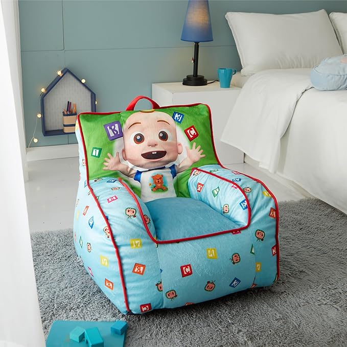 Idea Nuova Cocomelon Kids Mink Plush Bean Bag Chair with Piping & Top Carry Handle , Large - LeafyLoom