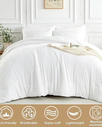 Queen Size Tufted Kids Comforter Set 7 Piece White Jacquard Tufts Embroidery Bedding Set for Boys Girls Bed in A Bag Quilt with 1 Comforter, 1 Flat Sheet, 1 Fitted Sheet, 2 Pillowcase, 2 Pillow Sham - LeafyLoom