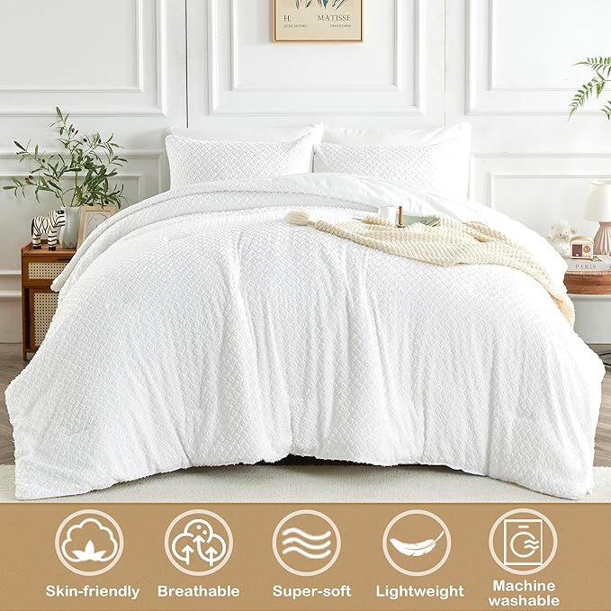 Twin Size Kids Comforter Set 6 Piece White Tufted Bedding Set for Boys Girls Jacquard Tufts Embroidery Bed in A Bag Quilt with 1 Comforter, 1 Flat Sheet, 1 Fitted Sheet, 1 Pillowcase and 2 Pillow Sham - LeafyLoom
