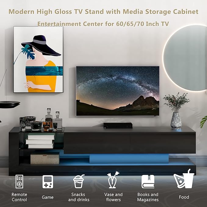NicBex TV Stand for 75 Inch TV LED Entertainment Center Media Storage Console Table with 2 Media Storage Cabinets and 16-Color RGB LED for Living Room,Bedroom, 70.8 Inch,Black - LeafyLoom