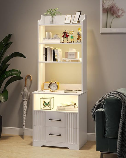 Vlsrka Nightstand Set of 2, Nightstand with Charging Station and LED Lights, Smart Night Stand with Bookshelf, Modern Bedside Tables with Storage Cabinet for Bedroom, Human Sensor Function, White - LeafyLoom