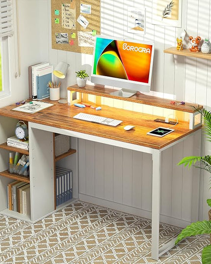 Small Computer Desk with LED Lights and Power Outlets 39.4 inch Home Office Desk with Storage Shelves, Writing Desk with Monitor Stand for Bedroom,Workstation, Walnut - LeafyLoom