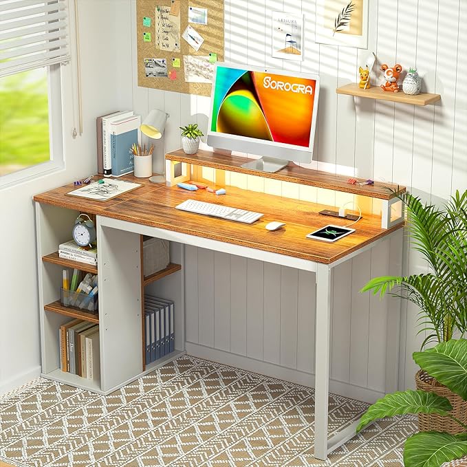 Small Computer Desk with LED Lights and Power Outlets 39.4 inch Home Office Desk with Storage Shelves, Writing Desk with Monitor Stand for Bedroom,Workstation, Walnut - LeafyLoom