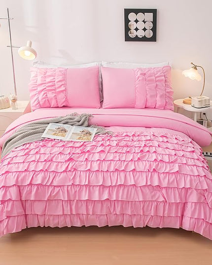 Teen Girls Pink Princess Dress Comforter Set Queen Size, 5 Pcs Bed in a Bag Girls Queen, Girls Pink Ruffled Bedding Set, Teen Bedding Sets for Girls Kids with Sheets - LeafyLoom