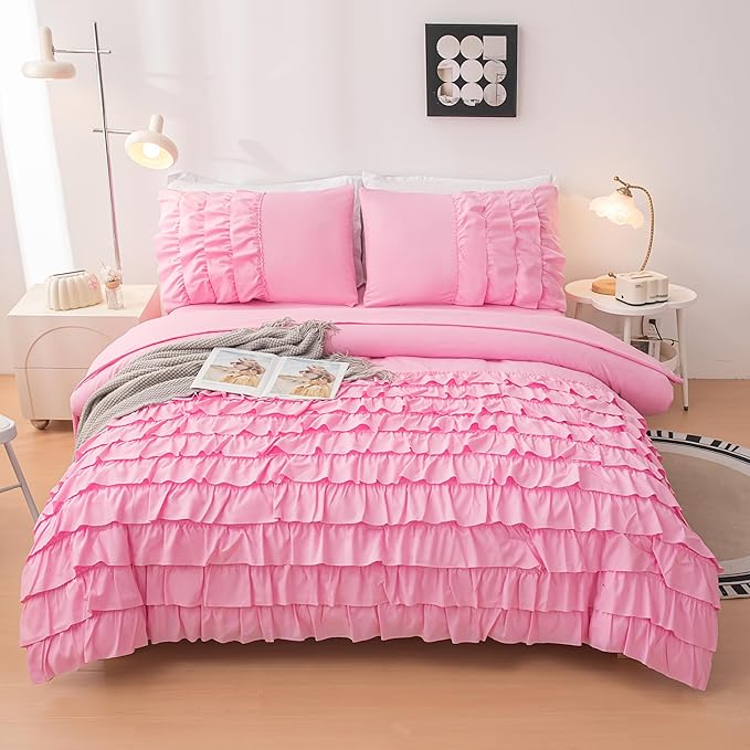 Pink Comforter Set Twin, 5-Piece Bed in a Bag Twin for Teen Girls, Pink Ruffle Bedding Set for Girls Kids, Teen Girls Bedding Sets,Princess Dress Comforter for All Season - LeafyLoom