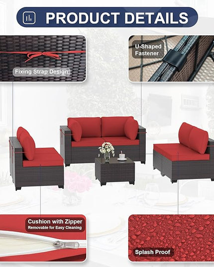 Outdoor Furniture Set 7PCS Patio Furniture for Backyard Wicker Sectional Sofa Set 6 Seats, PE Rattan Outdoor Conversation Set with Thickened Cushions and Glass Coffee Table, Red - LeafyLoom
