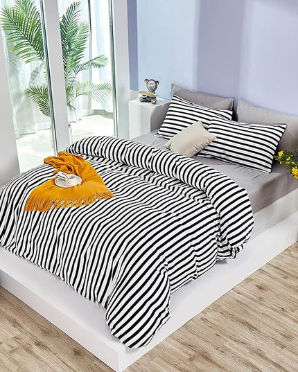 White and Black Stripes Comforter Set King Women Bedding Set Soft Durable White Striated Bedding Set Black Stripes Ticking Quilts Hotel Quality Comforter Set Girls White Black Stripes Bed Set - LeafyLoom