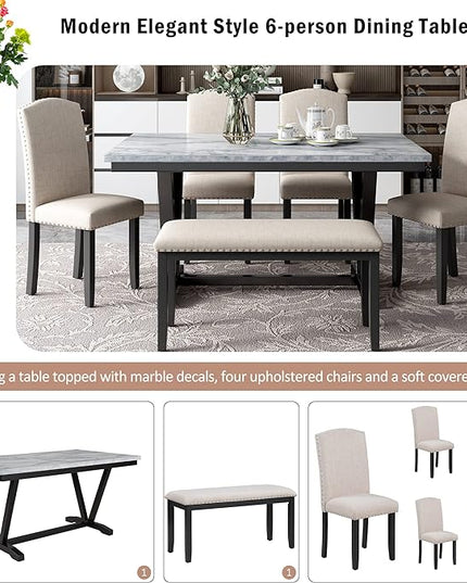 Modern Style Dining, 6-piece Kitchen Room Set with 4 Upholstered Chairs & 1 Bench, Marbled Veneers Tabletop and V-shaped Table Legs, White, Onesize - LeafyLoom