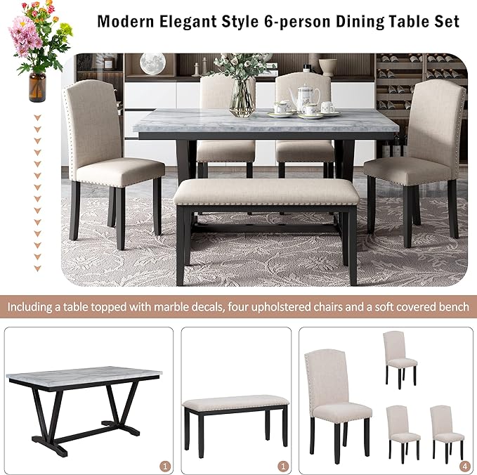 Modern Style Dining, 6-piece Kitchen Room Set with 4 Upholstered Chairs & 1 Bench, Marbled Veneers Tabletop and V-shaped Table Legs, White, Onesize - LeafyLoom