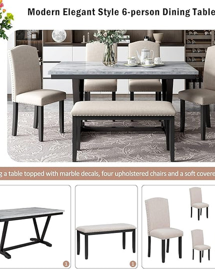 Modern Elegant Style Dining Set for 6 Table and 4 Upholstered Chairs and Bench for Family Kitchen Dinette Room, White, 60" L x 36" W x 30.3" H, Marbled Veneer Tabletop - LeafyLoom