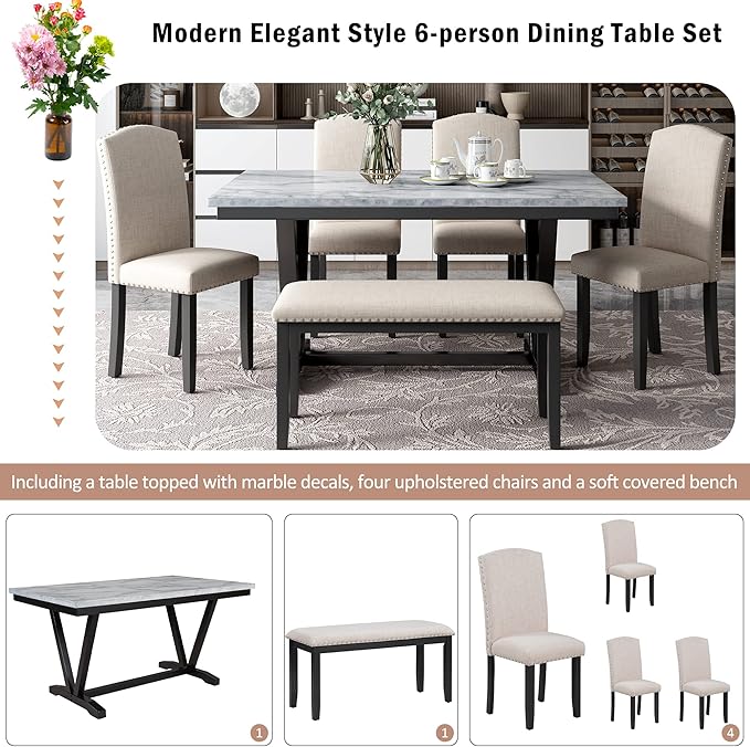 Modern Elegant Style Dining Set for 6 Table and 4 Upholstered Chairs and Bench for Family Kitchen Dinette Room, White, 60" L x 36" W x 30.3" H, Marbled Veneer Tabletop - LeafyLoom