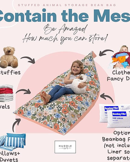 Stuffed Animal Bean Bag Storage - Machine Washable Bean Bag Chair for Kids - Extra Large Cover for Stuffing with Plush Toys, Pillows, Soft Items - Stuffed Animal Holder for Boys & Girls - Boho Floral - LeafyLoom