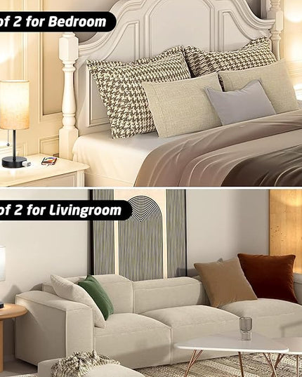 Small Table Lamp for Bedroom Set of 2 - Bedside Table lamps for Nightstand, 3 Color Temperatures Side Table Lamp with AC Outlet 2PK Black(2 Blubs Included). - LeafyLoom
