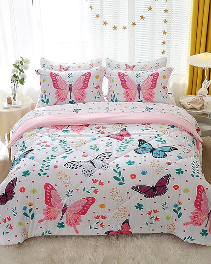 Girls Butterfly Comforter Set Queen Size 7 Piece Bed in A Bag Colorful Flowers Leaves Bedding Set for Kids Teens Super Soft All Season - LeafyLoom