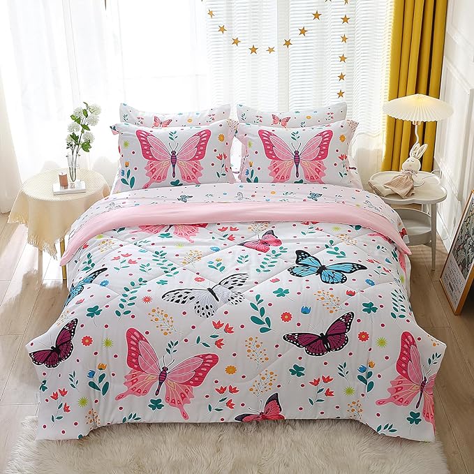 Girls Butterfly Comforter Set Queen Size 7 Piece Bed in A Bag Colorful Flowers Leaves Bedding Set for Kids Teens Super Soft All Season - LeafyLoom