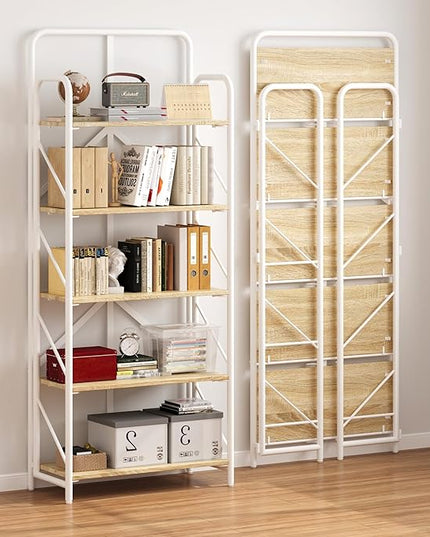 JSB No Assembly Folding Bookshelf, 5 Tier Industrial Metal Book Shelf for Storage, Vintage Wood foldable Bookcase for Living Room, Bedroom, Office Organization Shelves - LeafyLoom