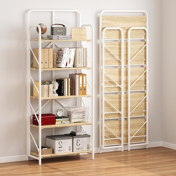 JSB No Assembly Folding Bookshelf, 5 Tier Industrial Metal Book Shelf for Storage, Vintage Wood foldable Bookcase for Living Room, Bedroom, Office Organization Shelves - LeafyLoom