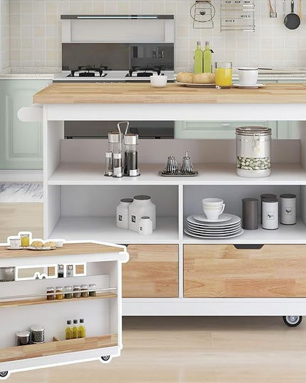 RITSU Kitchen Island Cart with Storage, Two-sided Rolling Bar Storage Cabinet Organizer on Wheels Wooden Top, Portable Movable Table w/Wine and Spice Rack, 2 Drawers, for Dining Room, White - LeafyLoom