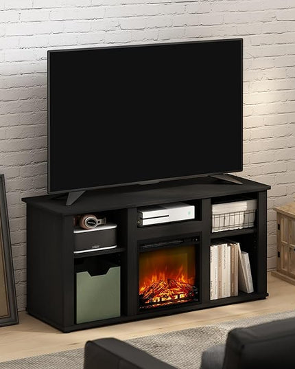 Furinno Jensen Fireplace TV Entertainment Center with Open Storage Compartment for TV up to 55 Inch, Americano - LeafyLoom