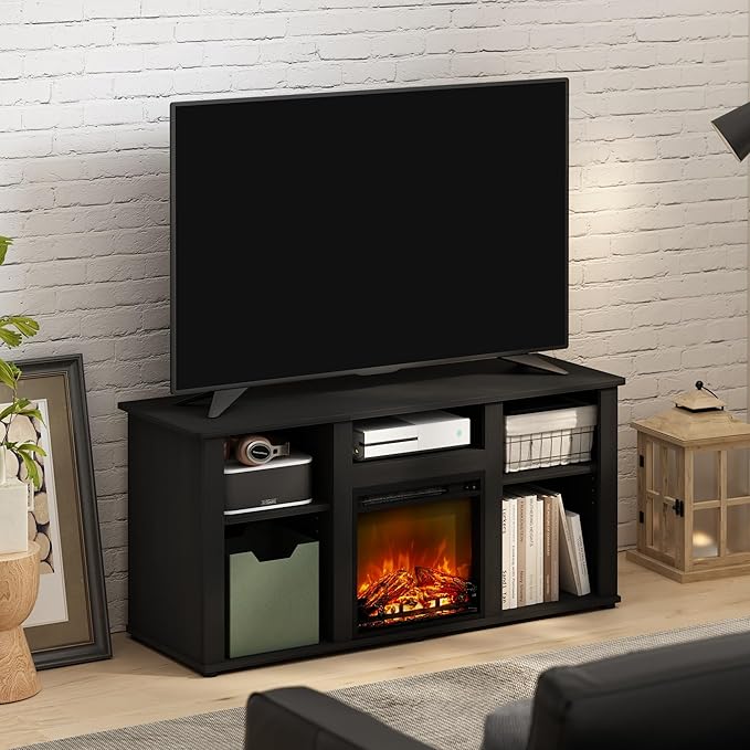 Furinno Jensen Fireplace TV Entertainment Center with Open Storage Compartment for TV up to 55 Inch, Americano - LeafyLoom