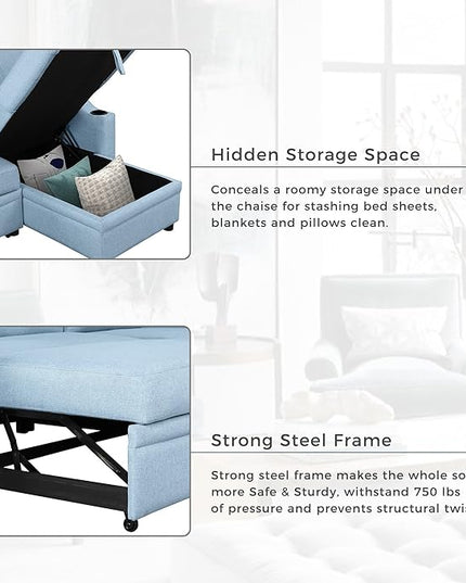 80.3'' L-Shape Convertible Sleeper Sectional Sofa with Storage Chaise and Pull-Out Bed, Linen Upholstered Reversible Corner Couch w/Tufted Cushions &Cup Holder, for Living Room, Apartment - LeafyLoom