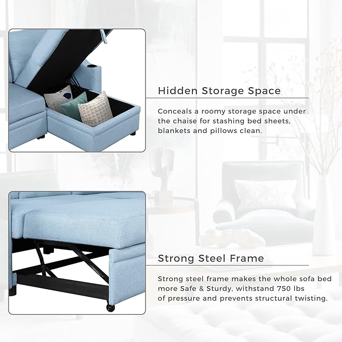 80.3'' L-Shape Convertible Sleeper Sectional Sofa with Storage Chaise and Pull-Out Bed, Linen Upholstered Reversible Corner Couch w/Tufted Cushions &Cup Holder, for Living Room, Apartment - LeafyLoom