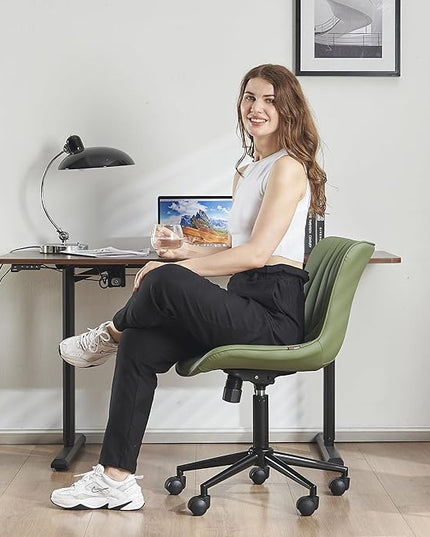 YOUTASTE Office Chair Armless Desk Chair Small Computer Swivel Rolling Chair with Wheels, Modern Upholstered PU Leather Computer Task Chair, Adjustable Home Office Desk Chairs, Olive Green - LeafyLoom