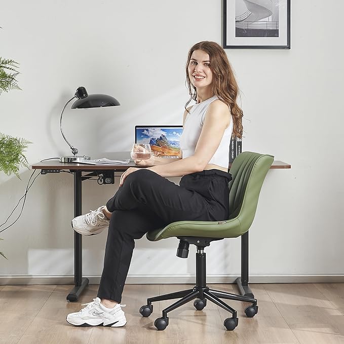 YOUTASTE Office Chair Armless Desk Chair Small Computer Swivel Rolling Chair with Wheels, Modern Upholstered PU Leather Computer Task Chair, Adjustable Home Office Desk Chairs, Olive Green - LeafyLoom