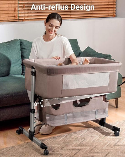 Baby Crib,3 in 1 Bedside Crib Adjustable Portable Bed for Infant,Baby Bassinet Baby Newborn Must Have Bed, Khaki - LeafyLoom