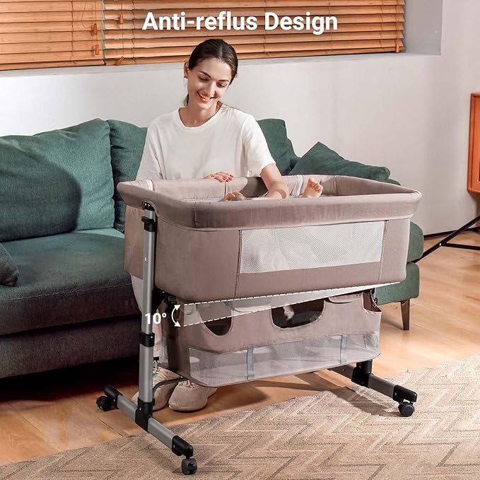 Baby Crib,3 in 1 Bedside Crib Adjustable Portable Bed for Infant,Baby Bassinet Baby Newborn Must Have Bed, Khaki - LeafyLoom