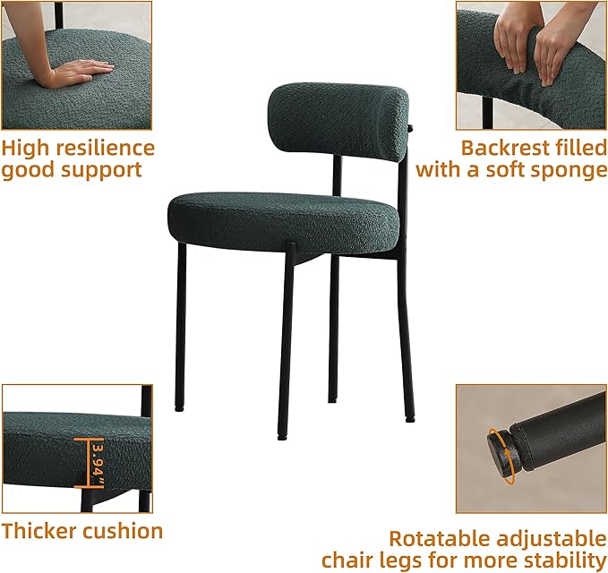 DYHOME Green Dining Chairs Set of 6, Mid-Century Modern Dining Chairs, Kitchen Dining Room Chairs, Curved Backrest Round Upholstered Boucle Sherpa Dining Chair with Black Metal Legs - LeafyLoom