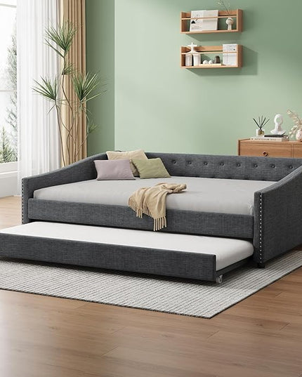 Twin Daybed Frame with Trundle,Upholstered Sofa Bed W/Button & Nailhead Tufted Design,Wood Slats Support,Saving Space,Linen Fabric Bedframe for Living Room Bedroom Apartment,Dark Gray - LeafyLoom