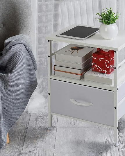 Nightstand,Bedside Tables with Fabric Storage Drawer and Open Wood Shelf,Bedside Furniture,Mesa de Noche with Drawers,Side Table for Bed Frame, Bedroom,Closet,Dorm,White - LeafyLoom