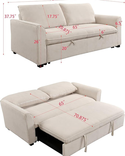 3 in 1 Oversized Convertible Loveseat Sleeper Sofa Bed,Soft Corduroy Upholstered Queen Love Seats Sofabed W/Pull Out Sleep Couch,Comfortable Cushions and Padded Armrests for Living Room - LeafyLoom