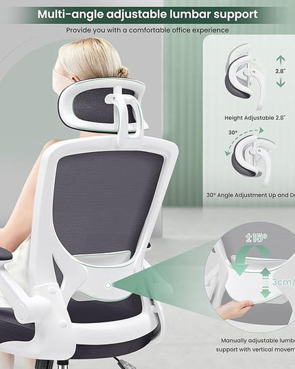 KERDOM Ergonomic Office Chair, Lumbar Support Computer Chair with Headrest and Flip-up Arms, Breathable Mesh Desk Chair, Swivel Task Chair, Adjustable Height Gaming Chair, Darkgray - LeafyLoom