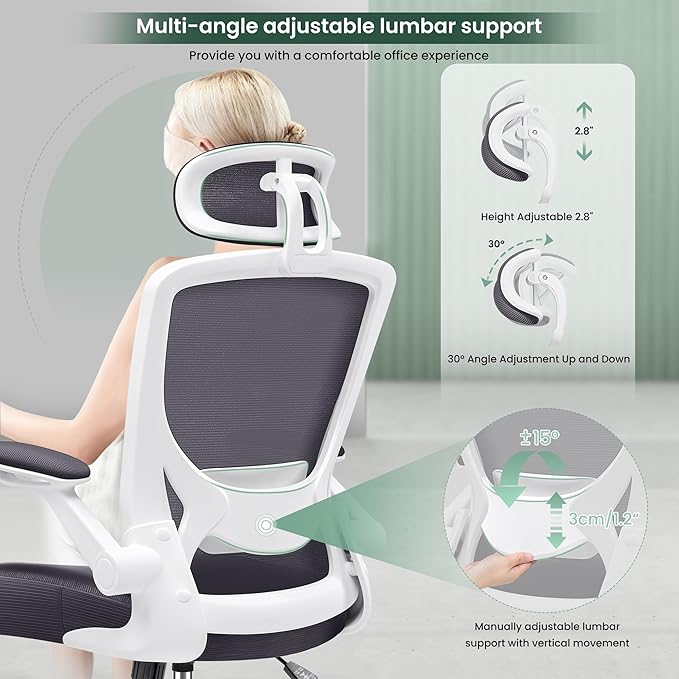 KERDOM Ergonomic Office Chair, Lumbar Support Computer Chair with Headrest and Flip-up Arms, Breathable Mesh Desk Chair, Swivel Task Chair, Adjustable Height Gaming Chair, Darkgray - LeafyLoom