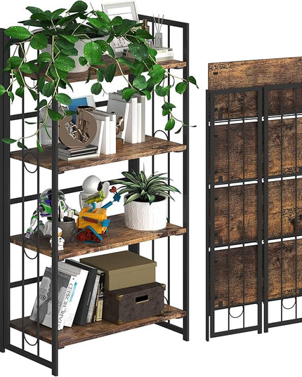 4NM No-Assembly 4 Tiers Folding Bookshelf Storage Shelves Vintage Bookcase Standing Racks Study Organizer Home Office - Rustic Brown and Black - LeafyLoom