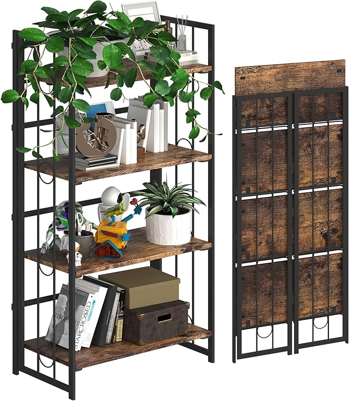 4NM No-Assembly 4 Tiers Folding Bookshelf Storage Shelves Vintage Bookcase Standing Racks Study Organizer Home Office - Rustic Brown and Black - LeafyLoom