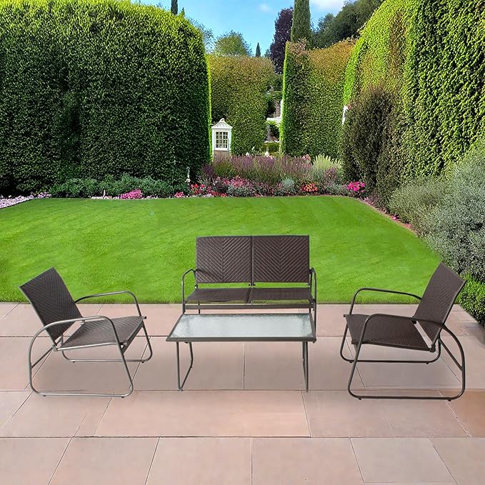 Mapleleaf 4 Pieces Rattan Patio Furniture Set, Outdoor Wicker Conversation Sofa Set, Rattan Chair and Glass Coffee Table for Yard, Pool or Backyard (Brown) - LeafyLoom