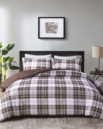 Madison Park Essentials Parkston Plaid Comforter, Matching Sham, 3M Scotchguard Stain Release Cover, Hypoallergenic All Season Bedding-Set, Twin/ Twin XL, Brown, 2 Piece - LeafyLoom